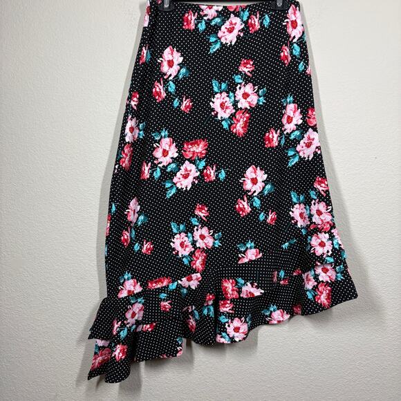 Bobeau Large Asymmetric Ruffled Midi A Line Skirt Black Dot Floral High Waisted - Picture 3 of 9